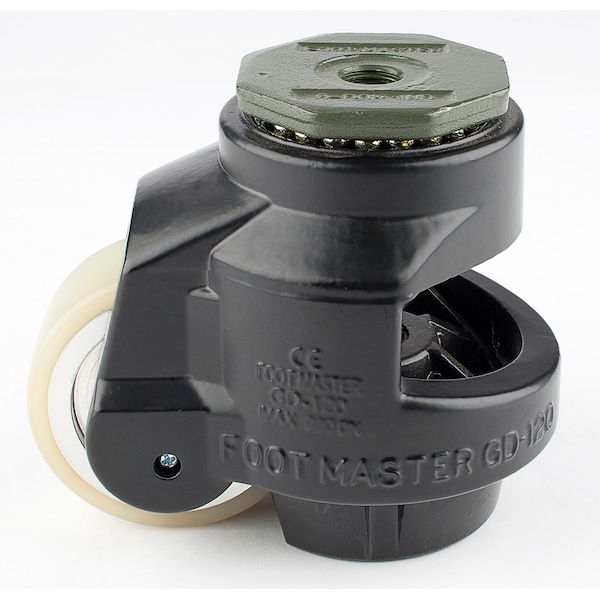 Leveling Caster, 75 mm Polyurethane Wheel, M16x2.0P Stem, Swivel, 1000 kg Cap, Al Foot Pad, Black